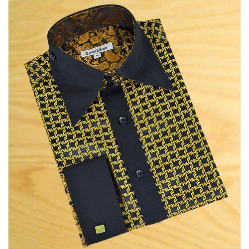 Daniel Ellissa Black / Gold Self Design With Spread Collar Shirt FSS1203